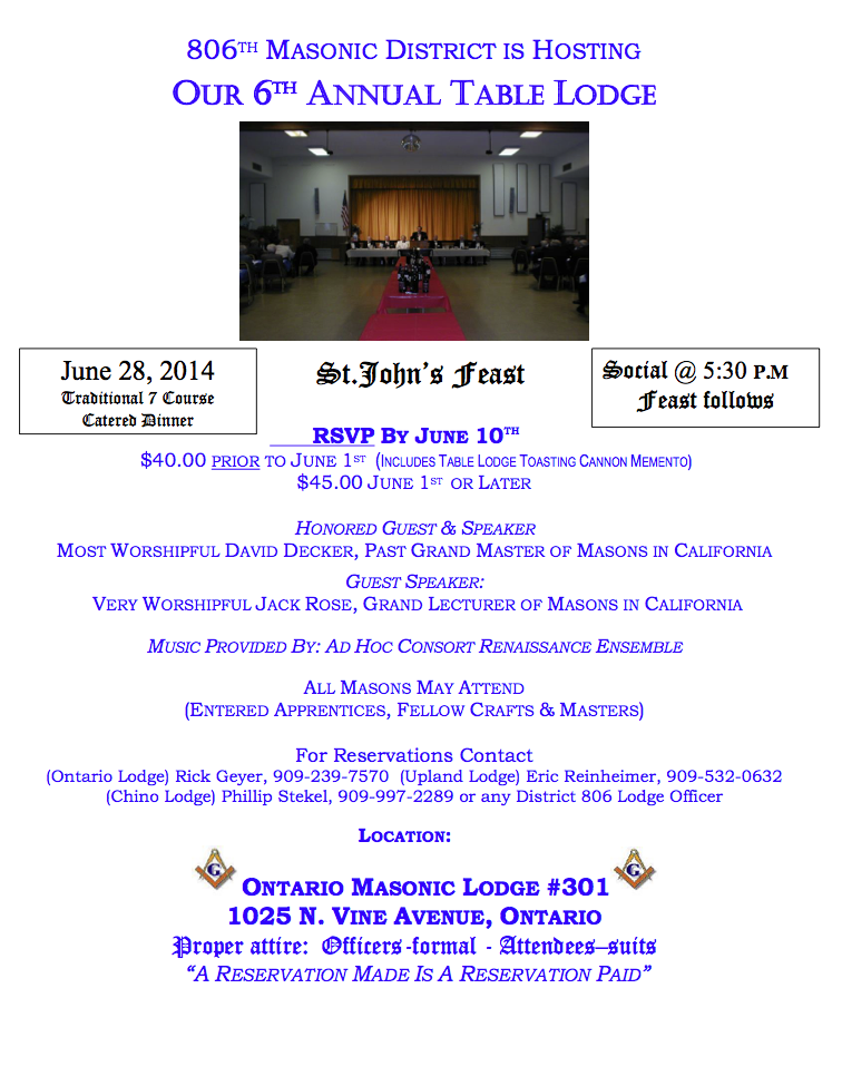 806th Masonic District is Hosting 6th Annual Table Lodge