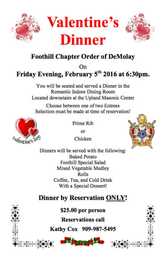 Valentine’s Dinner Sponsored by Foothill Chapter Order of DeMolay