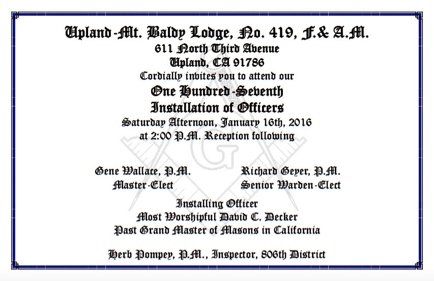 Upland – Mt. Baldy Lodge Annual Installation of Officers January 16