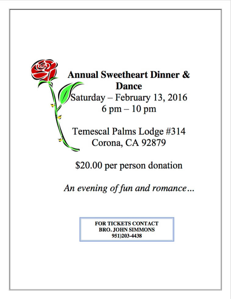 Temescal Palms Lodge #314 Annual Sweetheart Dinner & Dance