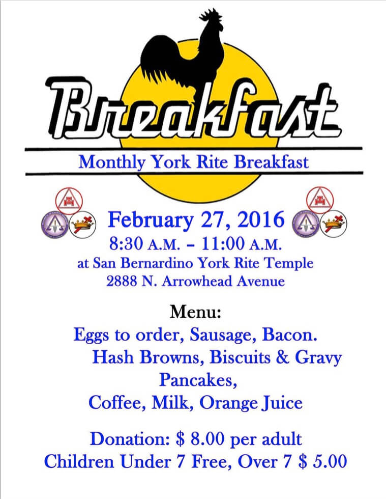 Monthly York Rite Breakfast February 27, 2016