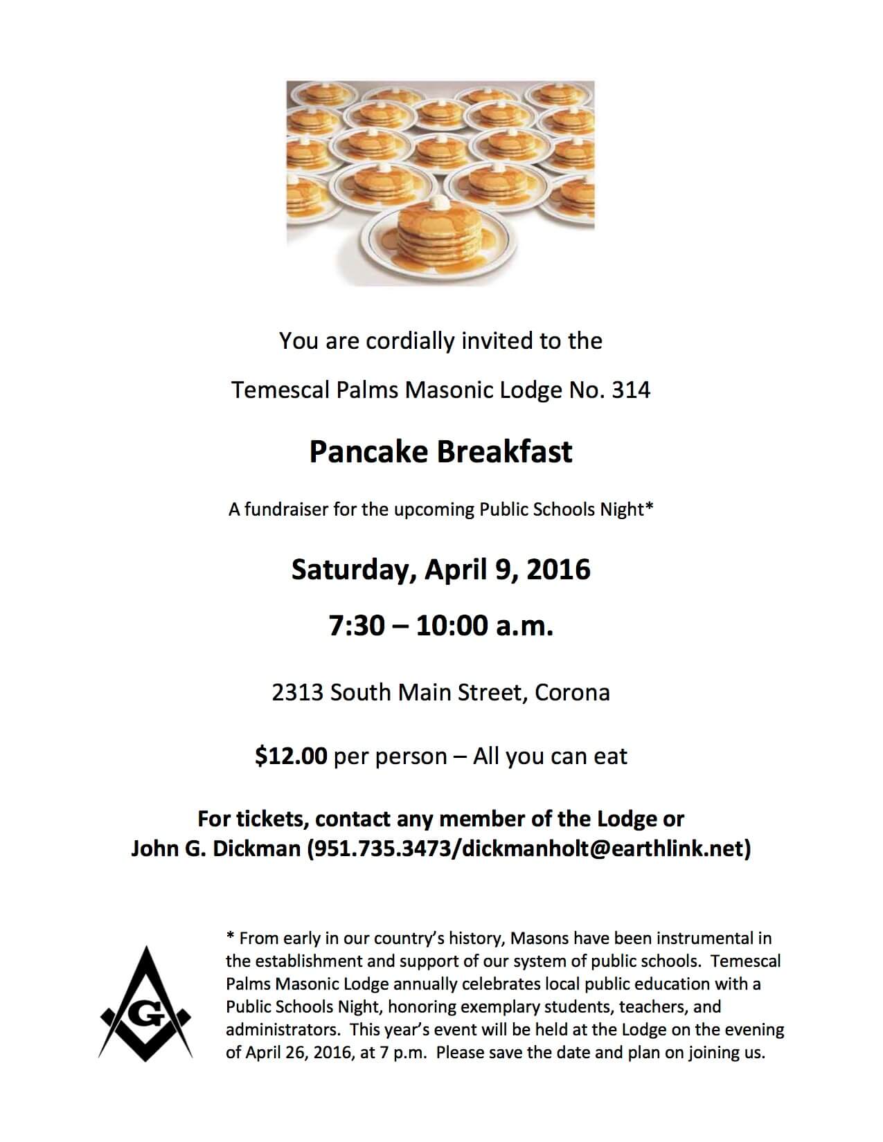 Temescal Palms Lodge No.314  Pancake Breakfast April 9, 2016