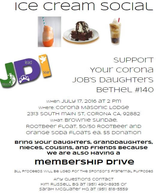 Bethel #140 Job’s Daughters Upcoming Ice cream Social