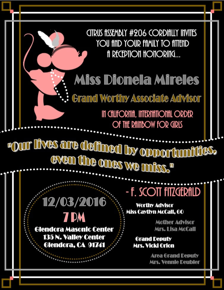 Reception Honoring Miss Dionela Mireles Grand Worthy Associate Advisor in California, International Order Of Rainbow For Girls
