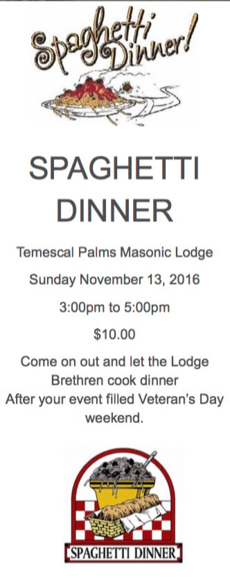 Temescal Palms Masonic Lodge 314 Spaghetti Dinner