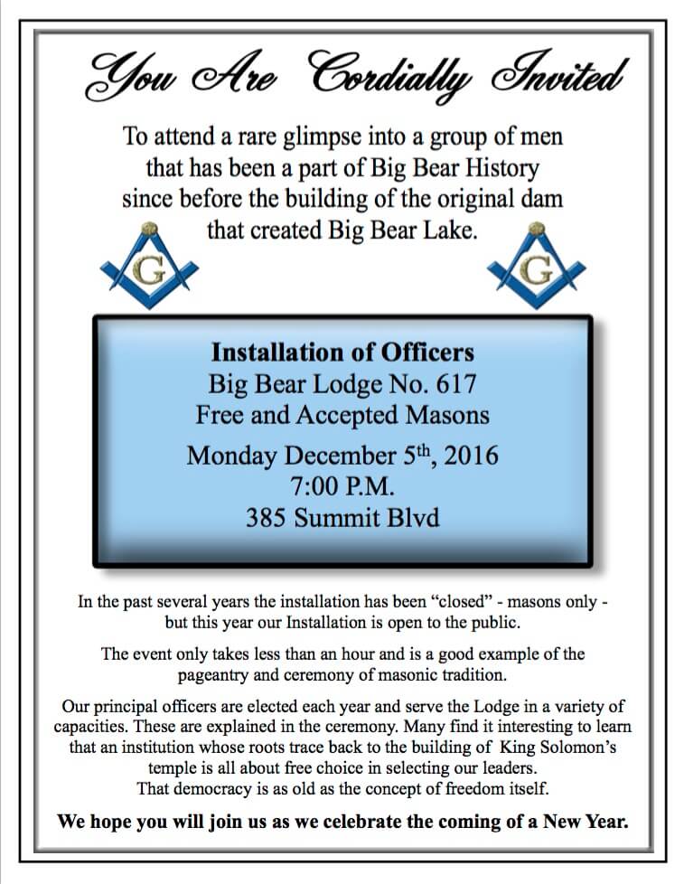 Big Bear Lodge No. 617 Annual Installation of Officers