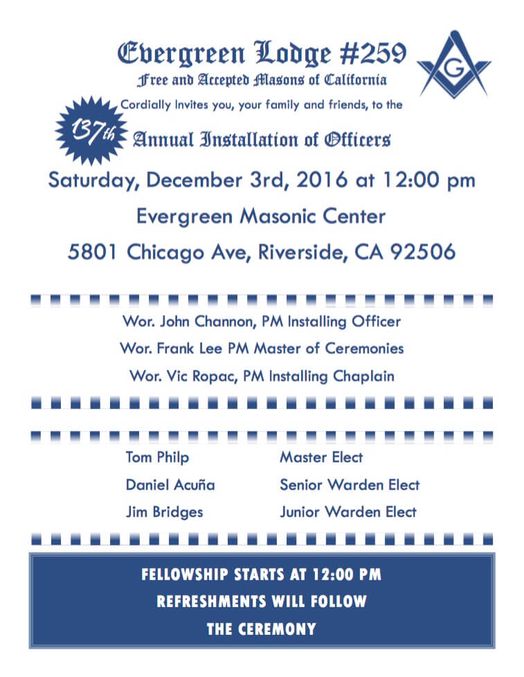 Evergreen Lodge #259 Annual Installation of Officers