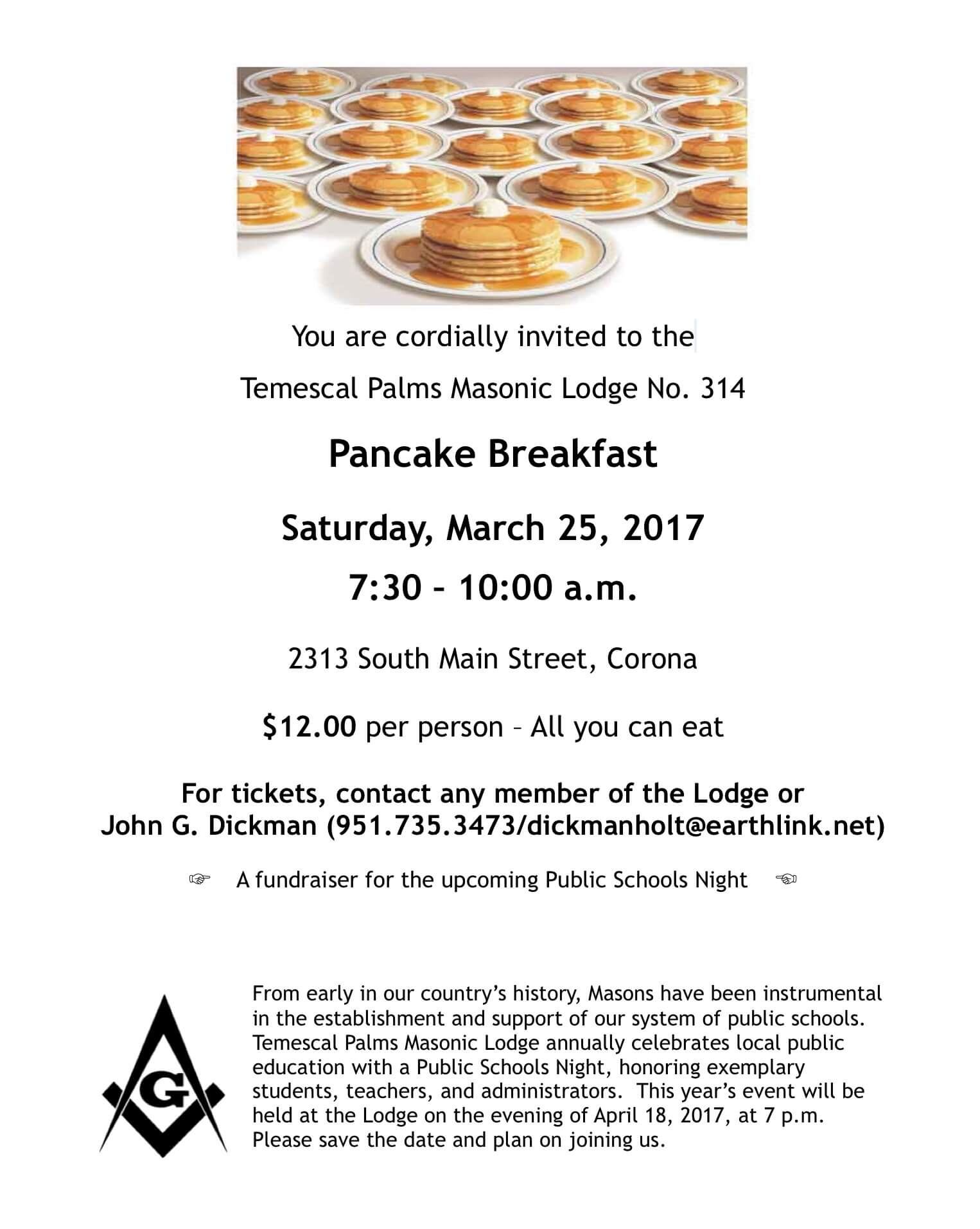 Temescal Palms Lodge 314 Breakfast Fundraiser