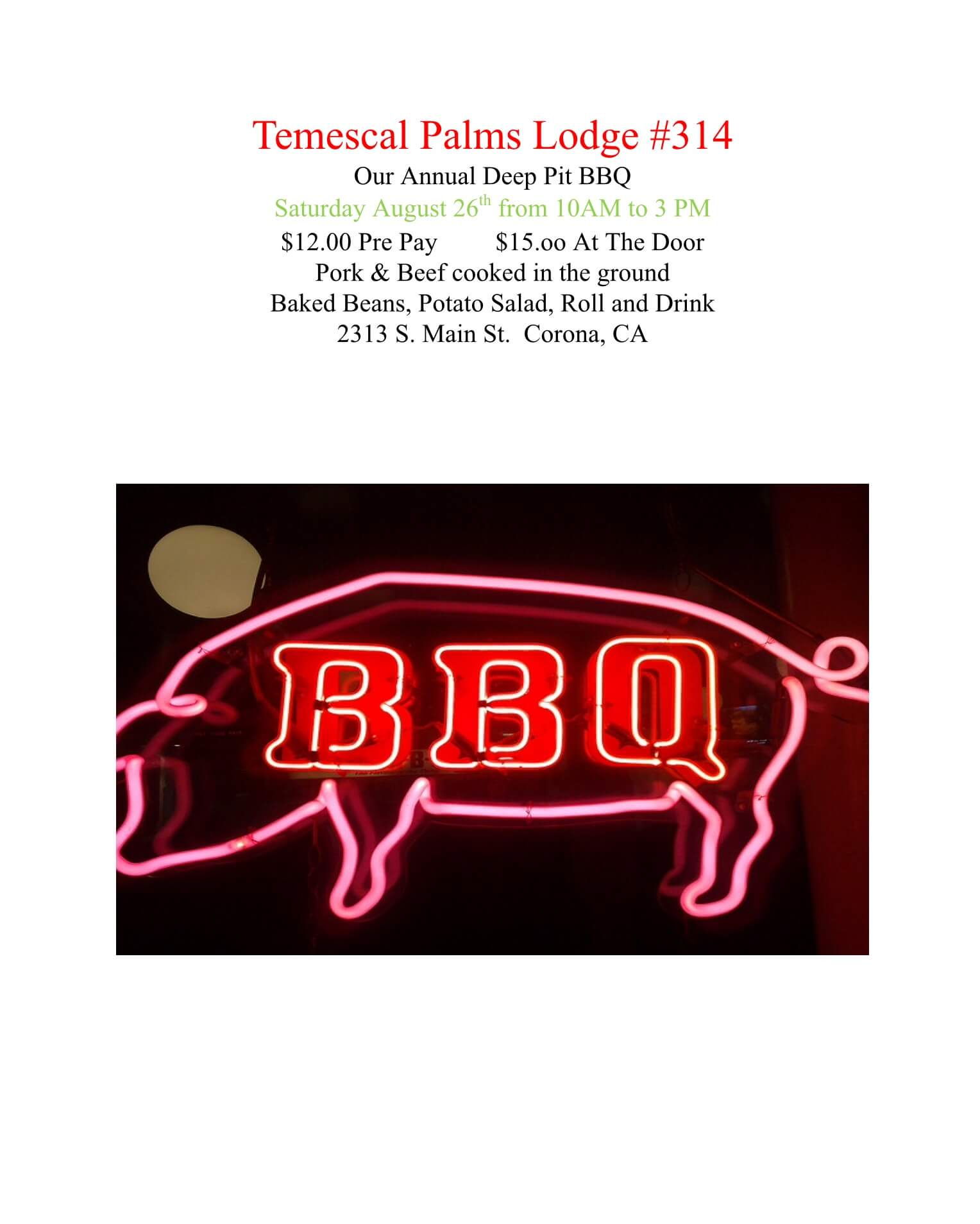 Temescal Palms Lodge 314 Annual Deep Pit BBQ