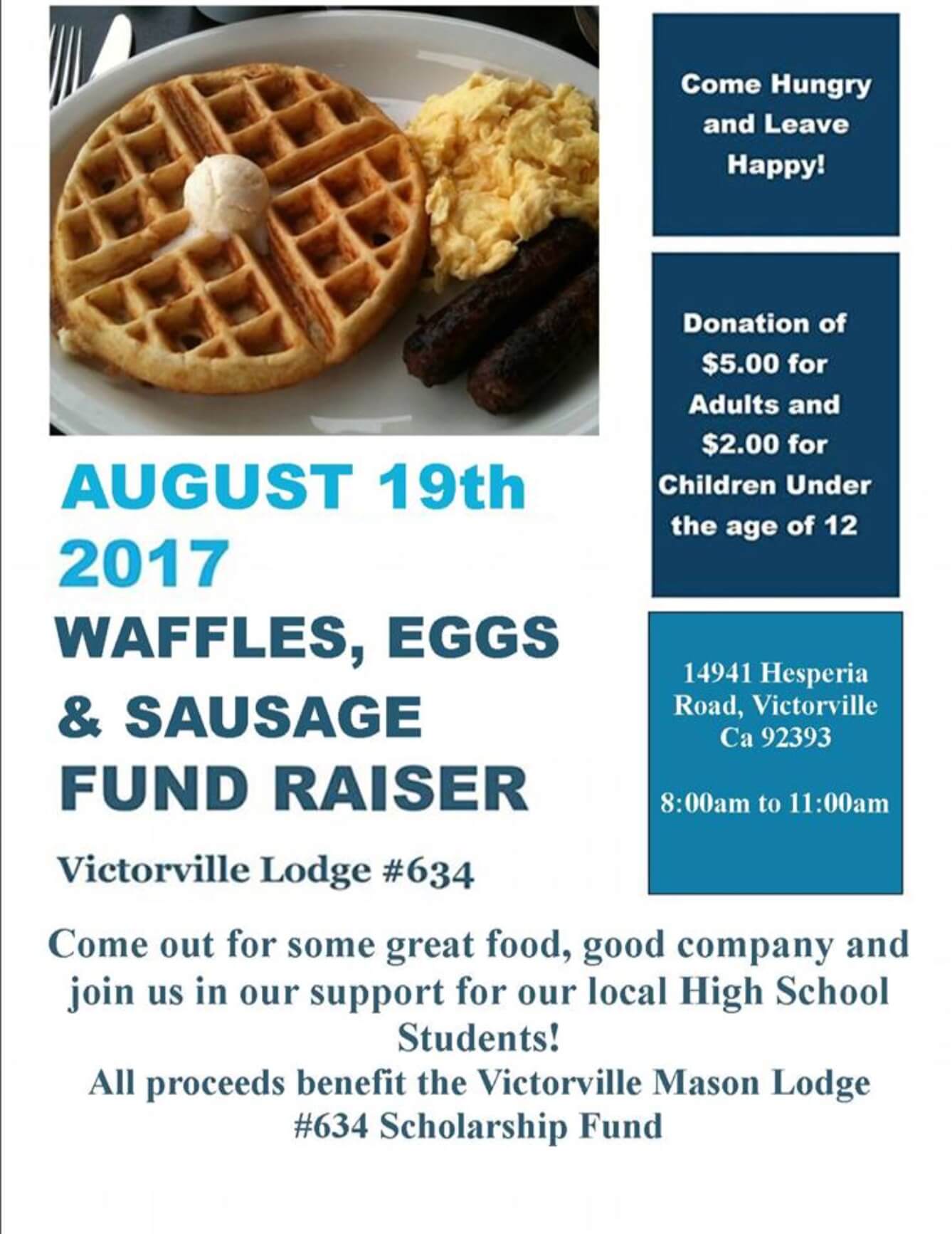 Victorville Lodge 634 Scholarship Breakfast Fundraiser – August 19, 2017