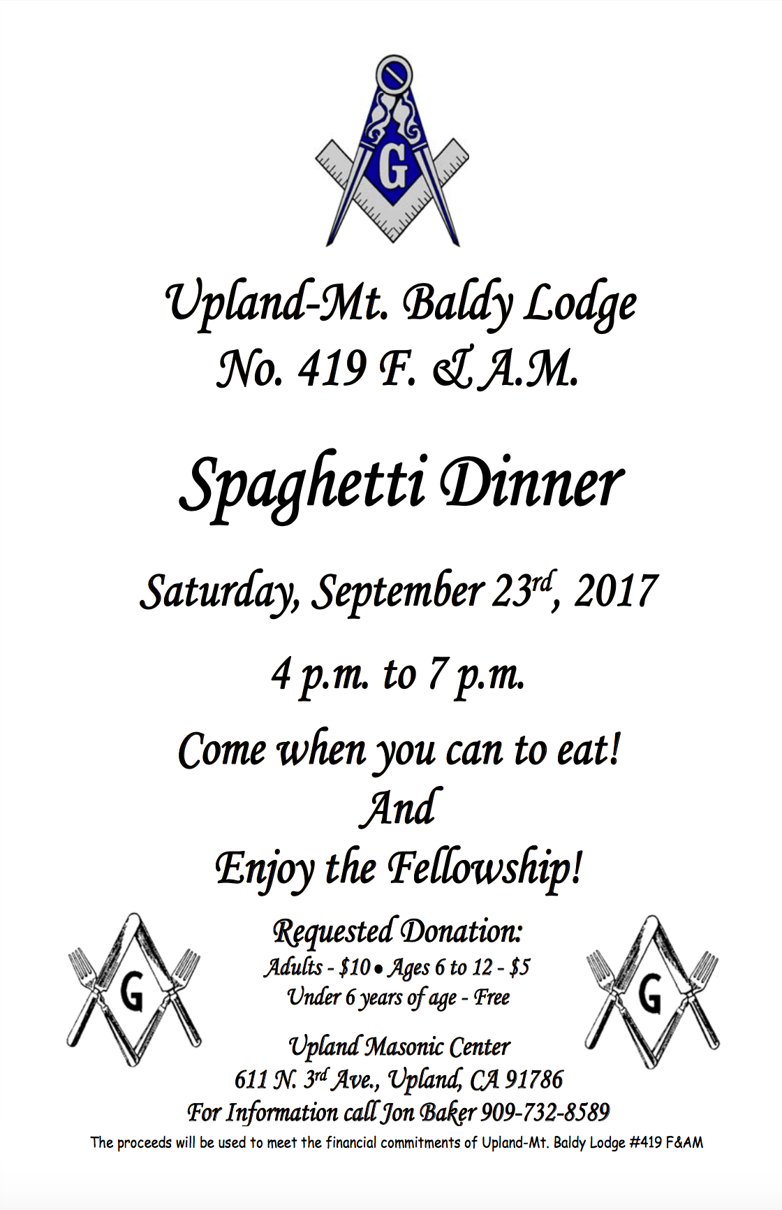 Upland Mt Baldy Lodge #419 Spaghetti Dinner Fundraiser