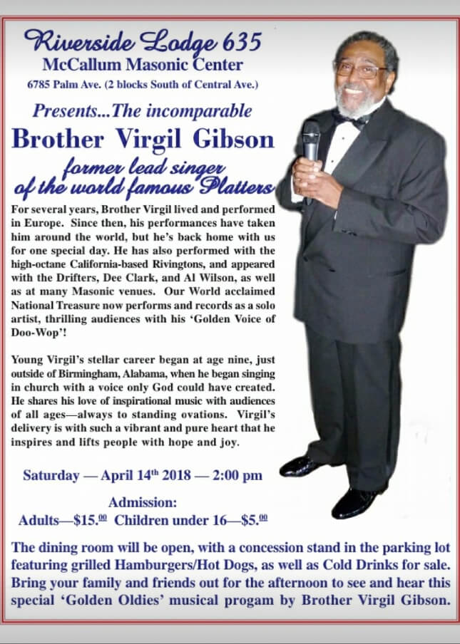 Brother Virgil Gibson Former Lead Singer of the World Famous Platters at Riverside Lodge #635
