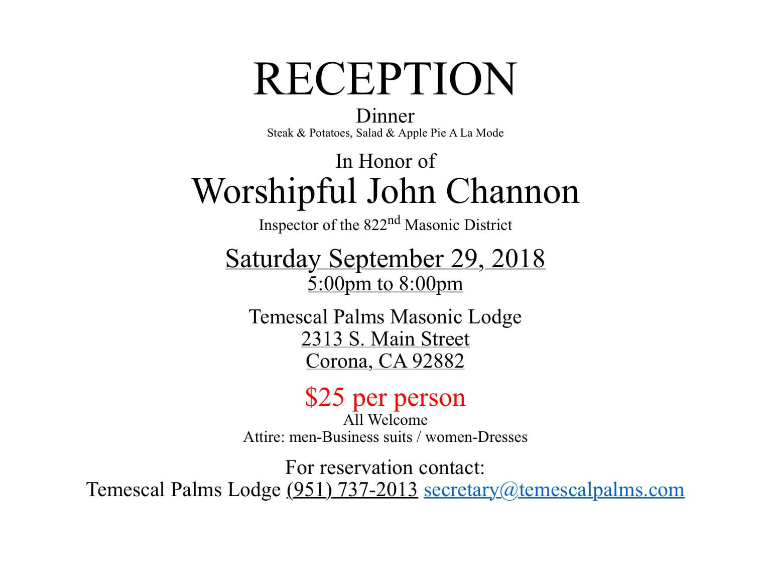 Worshipful John Channon Reception