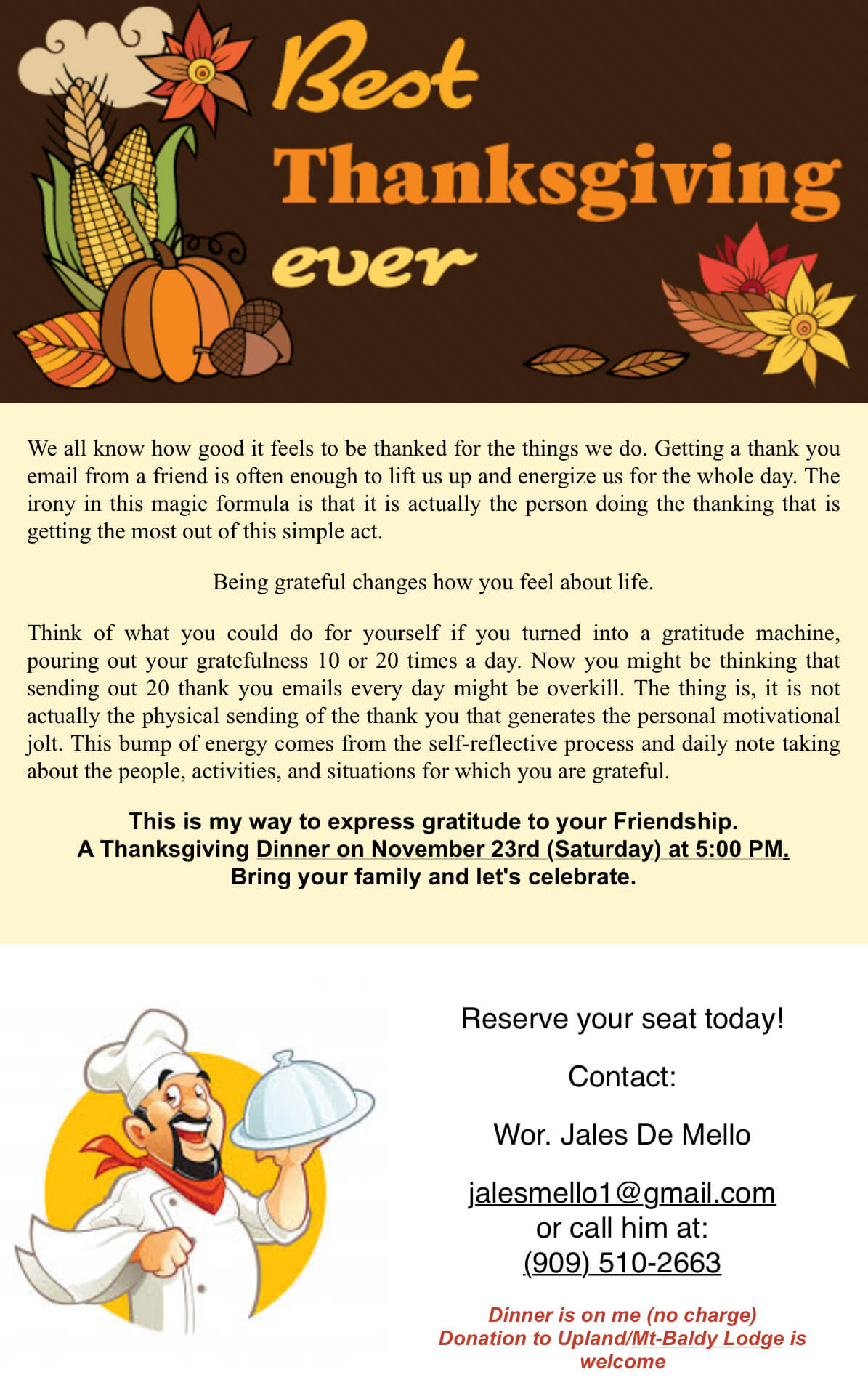 Upland/ Mt.Baldy Masonic Lodge # 419 Thanksgiving Dinner