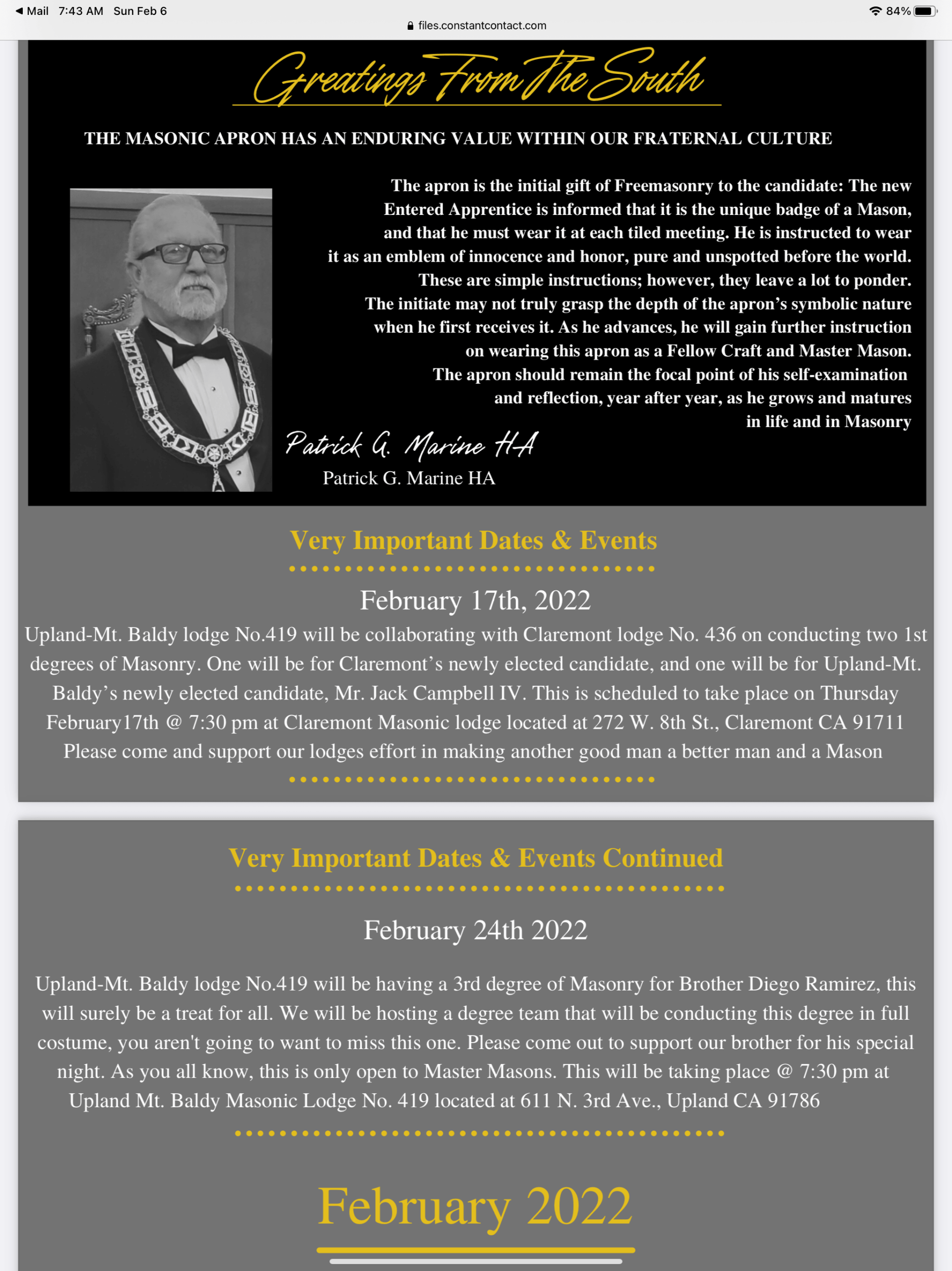Joint Degree Between Upland Lodge and Claremont Lodge February 17th
